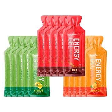 LinusPro Energy Gel-pakker i Citrus, Cola og Orange smag, hver 40g, med sødestoffer.